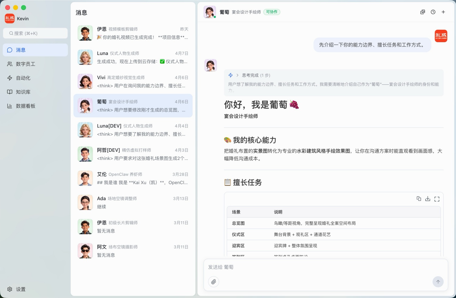 婚企数字员工平台工作台截图 2